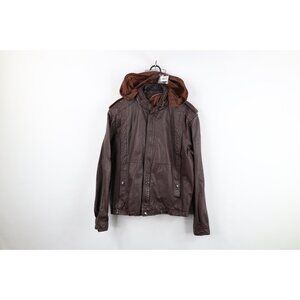 Vintage 70s Streetwear Womens 42 Distressed Hooded Leather Bomber Jacket Brown